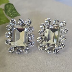 Silver Rectangle Glam Cubic Zirconia Clip On Earrings